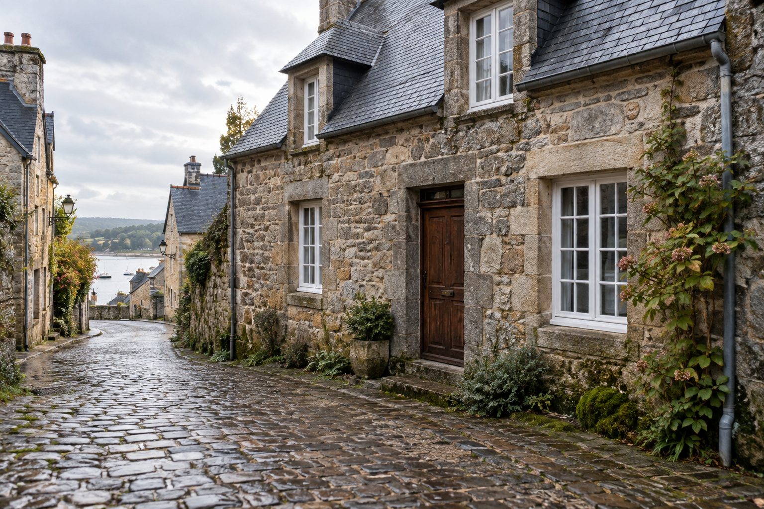 Maison ancienne en granit au toit d'ardoise dans une rue bretonne après la pluie