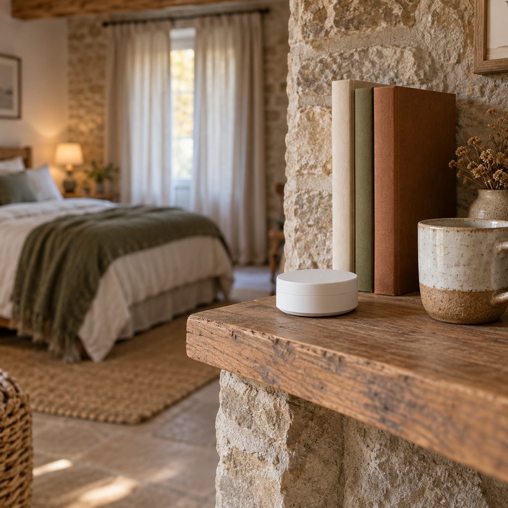 Petit dosimètre radon posé sur une étagère dans une chambre au rez-de-chaussée