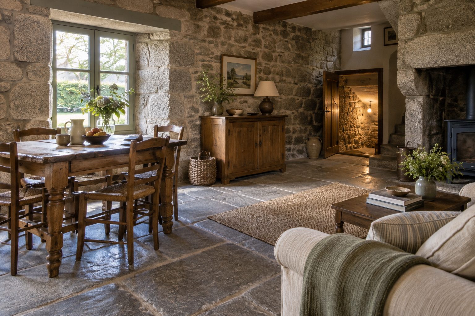 Pièce de vie au rez-de-chaussée d'une maison en granit, murs de pierre et sol dallé en lumière naturelle