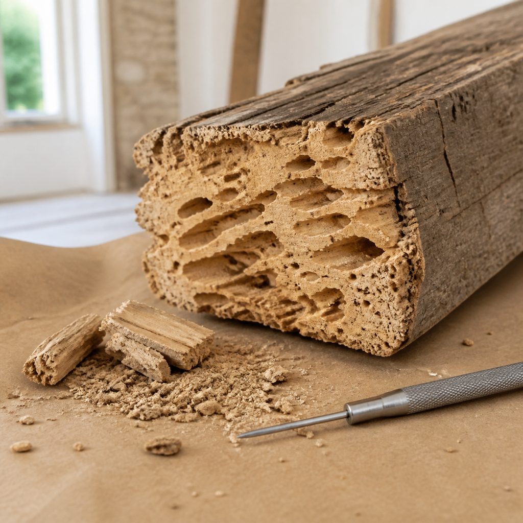 Poutre en bois creusée de galeries, indice typique d'une attaque de termites