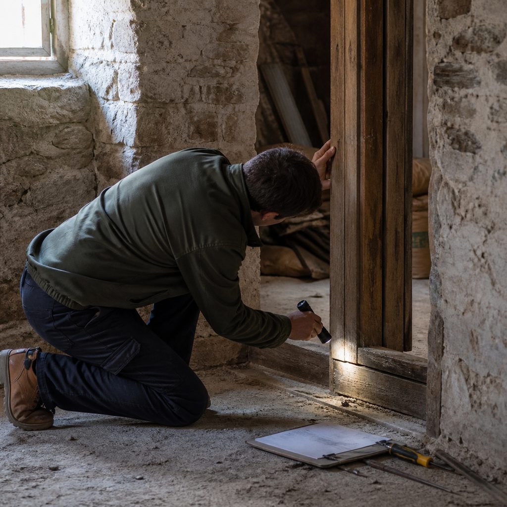 Diagnostiqueur inspectant à la lampe le bas d'une huisserie en bois dans une cave
