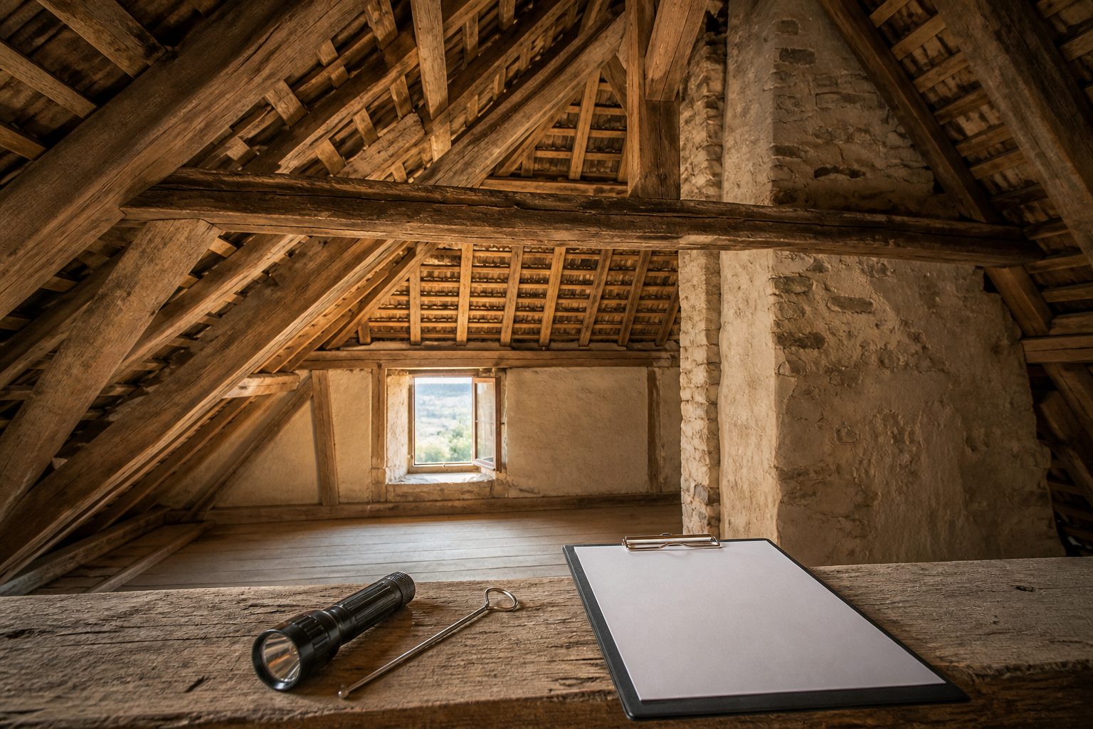 Charpente en bois d'une maison ancienne inspectée avant la vente, avec lampe et poinçon de diagnostiqueur