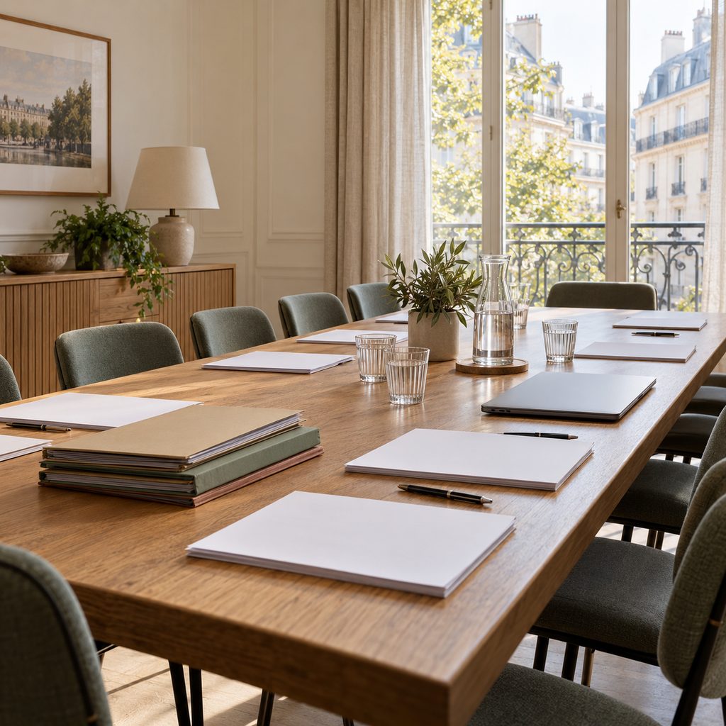 Salle commune préparée pour une assemblée générale de copropriété, dossiers et convocations posés sur la table