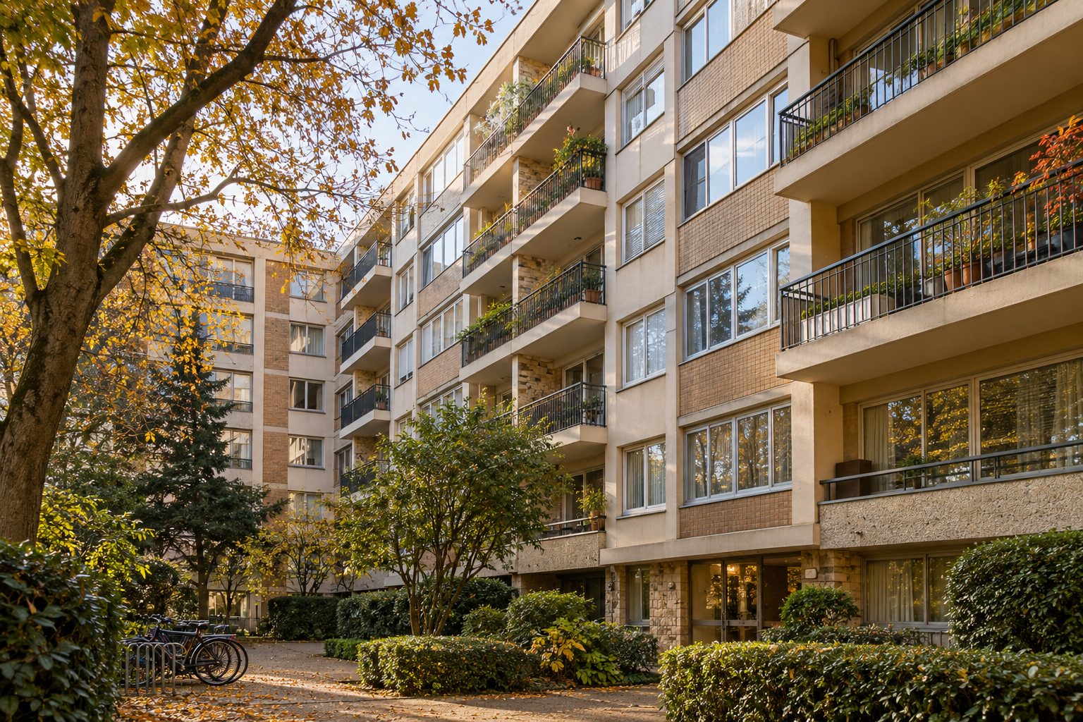Façade d'un immeuble d'habitation ancien en copropriété avec ses balcons, vue depuis la cour intérieure