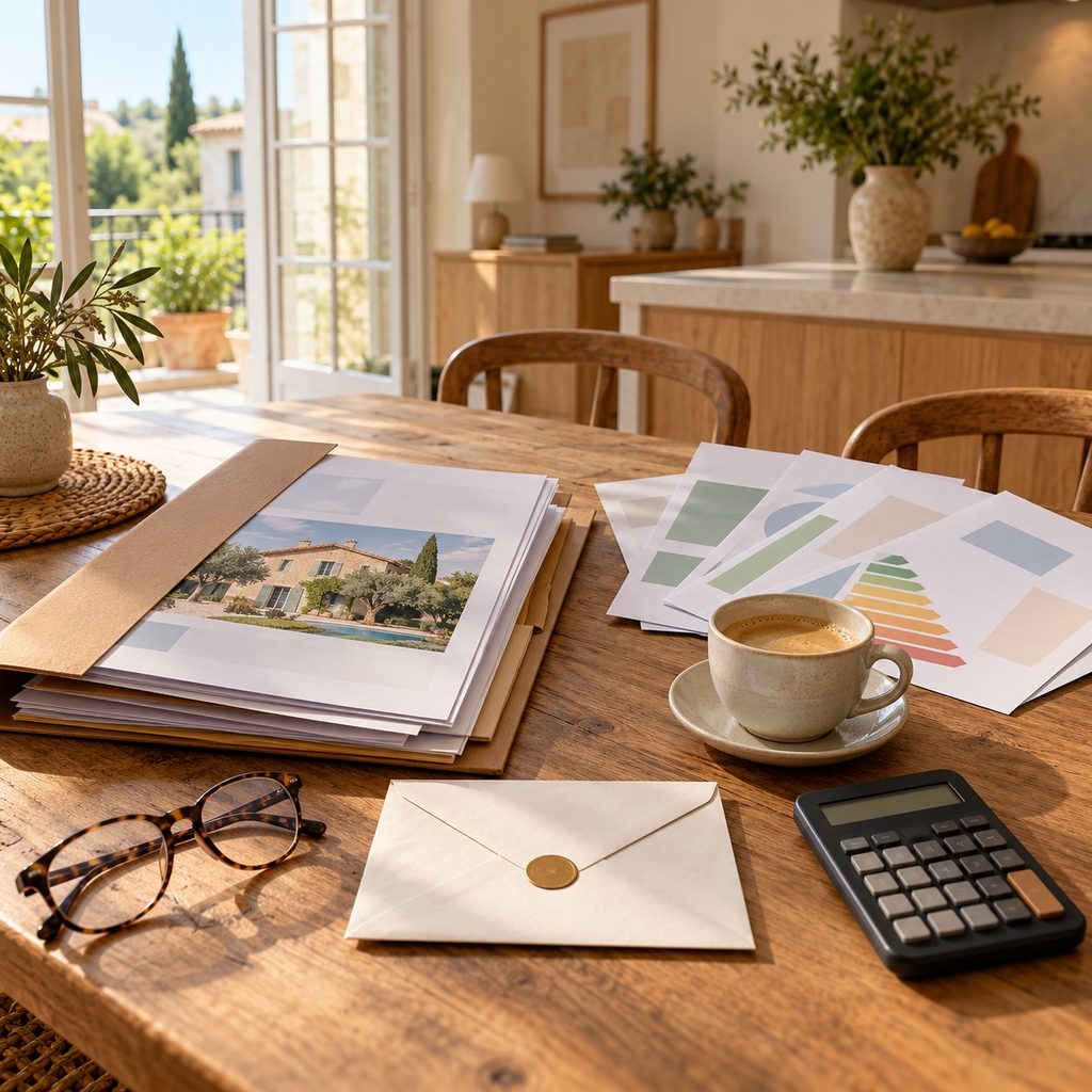 Dossier de documents immobiliers, factures d'énergie et courrier prêts sur une table de cuisine