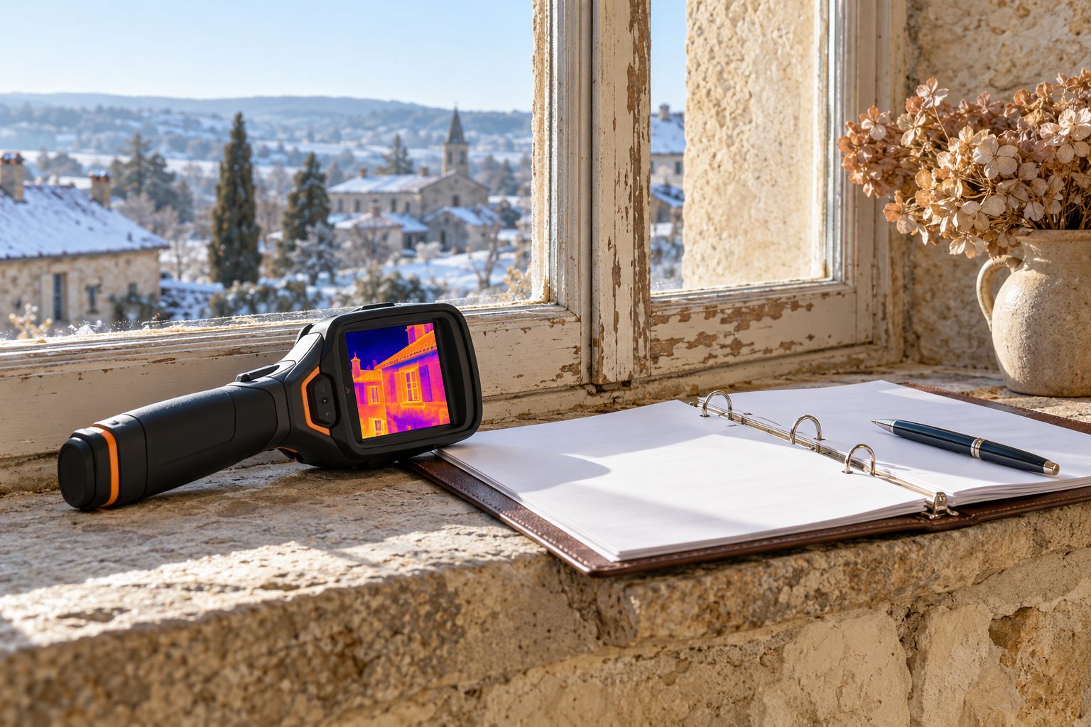 Caméra thermique posée sur le rebord d'une fenêtre ancienne en simple vitrage, à côté d'un classeur de diagnostic
