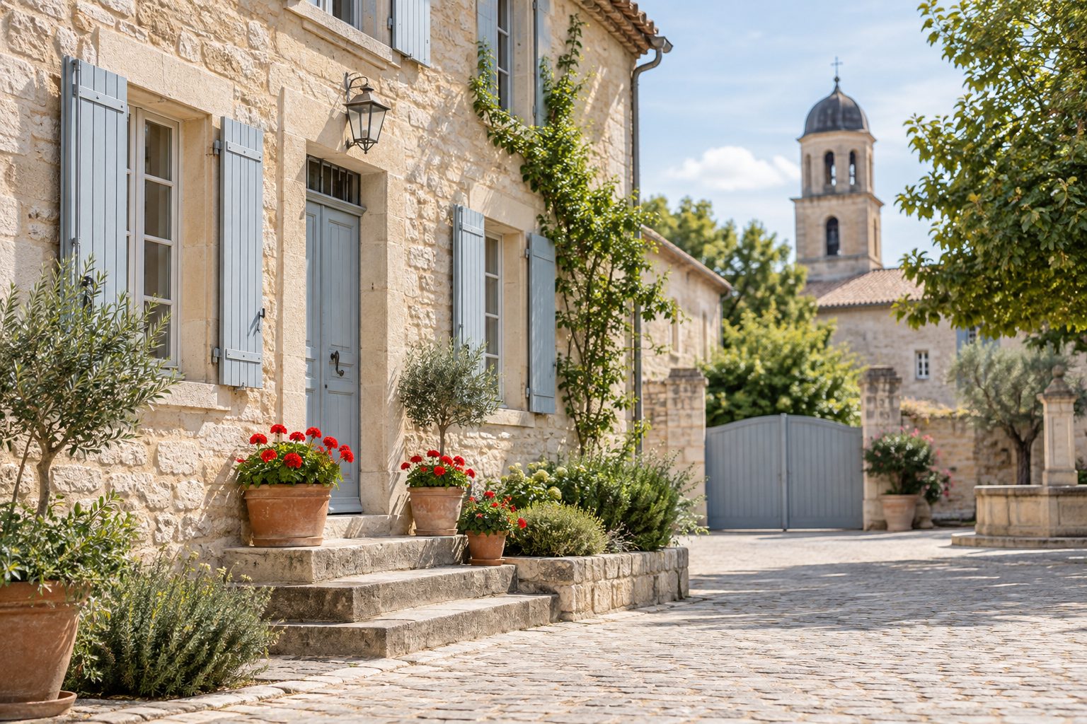 Maison de ville en pierre sur une place de village, avec le clocher de la mairie en arrière-plan