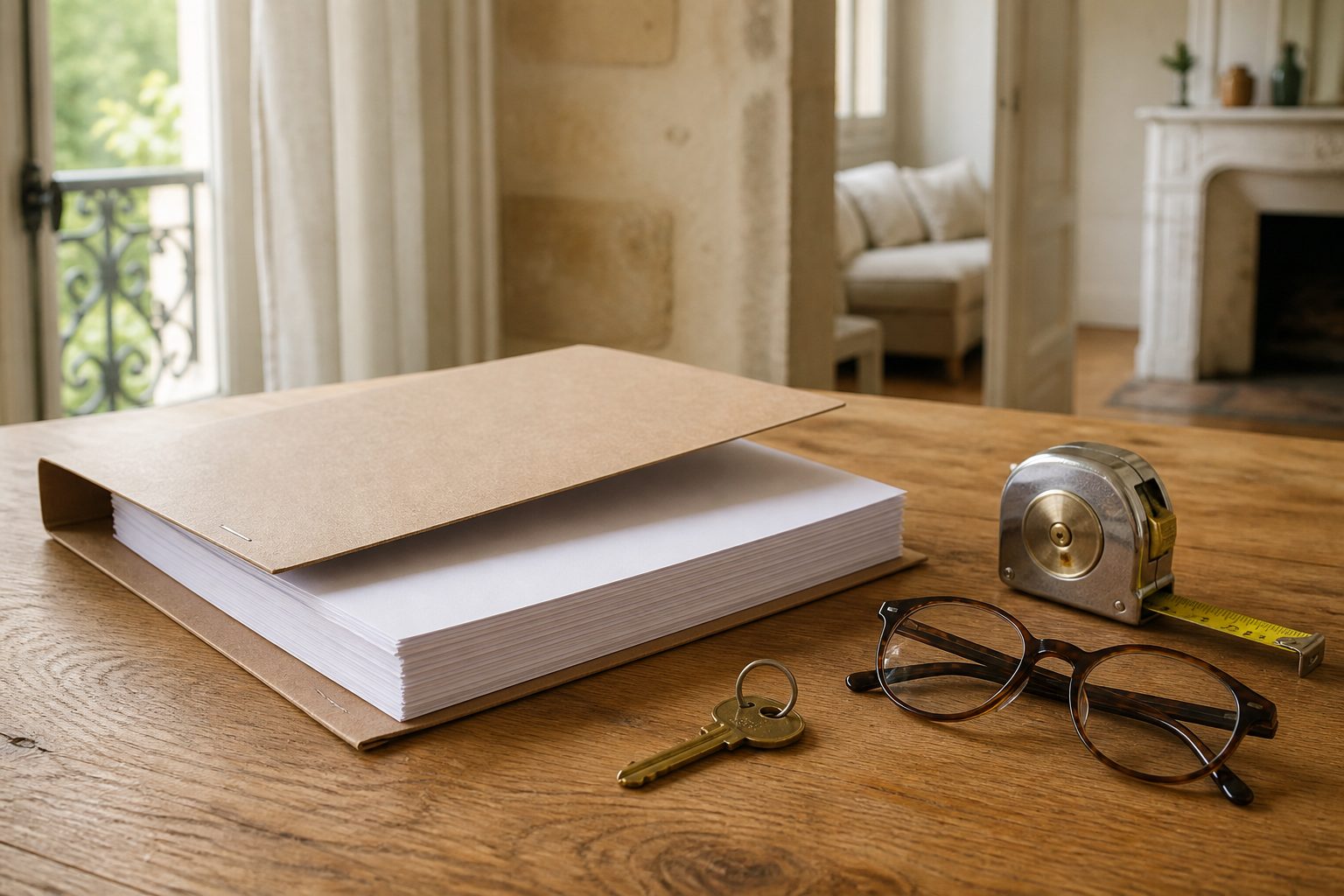 Dossier de diagnostics immobiliers posé sur une table en bois, à côté d'un mètre ruban et d'un trousseau de clés