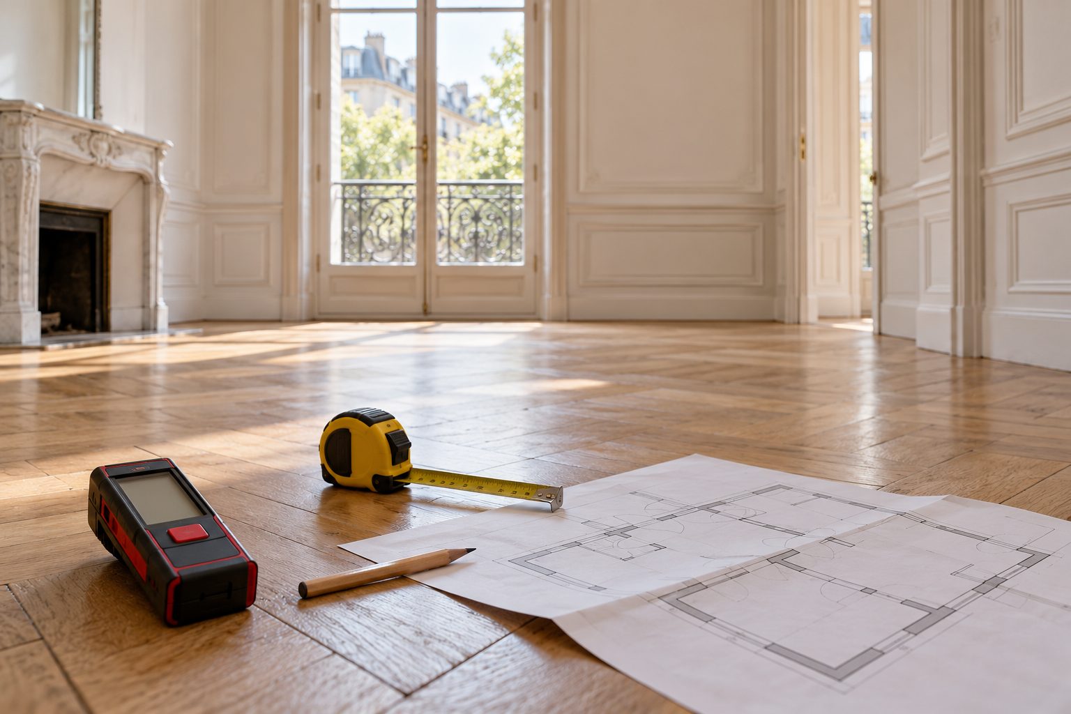 Télémètre laser et mètre ruban posés sur le parquet d'un appartement vide, à côté d'un plan de vente