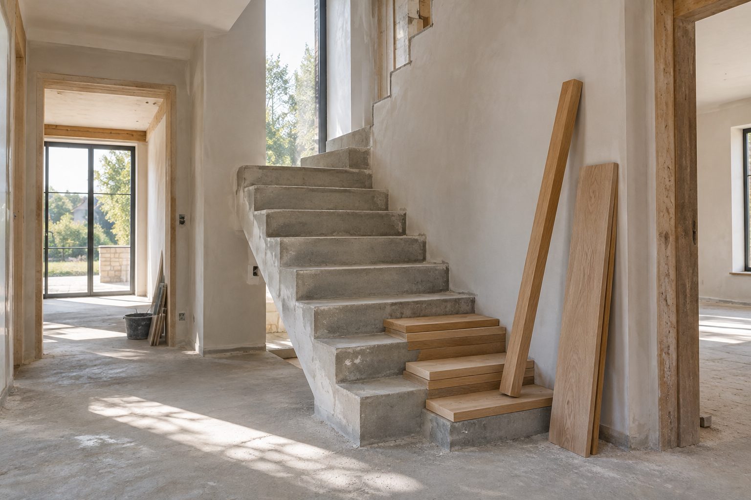 Escalier en béton brut dans une maison en construction, à côté de marches en chêne clair