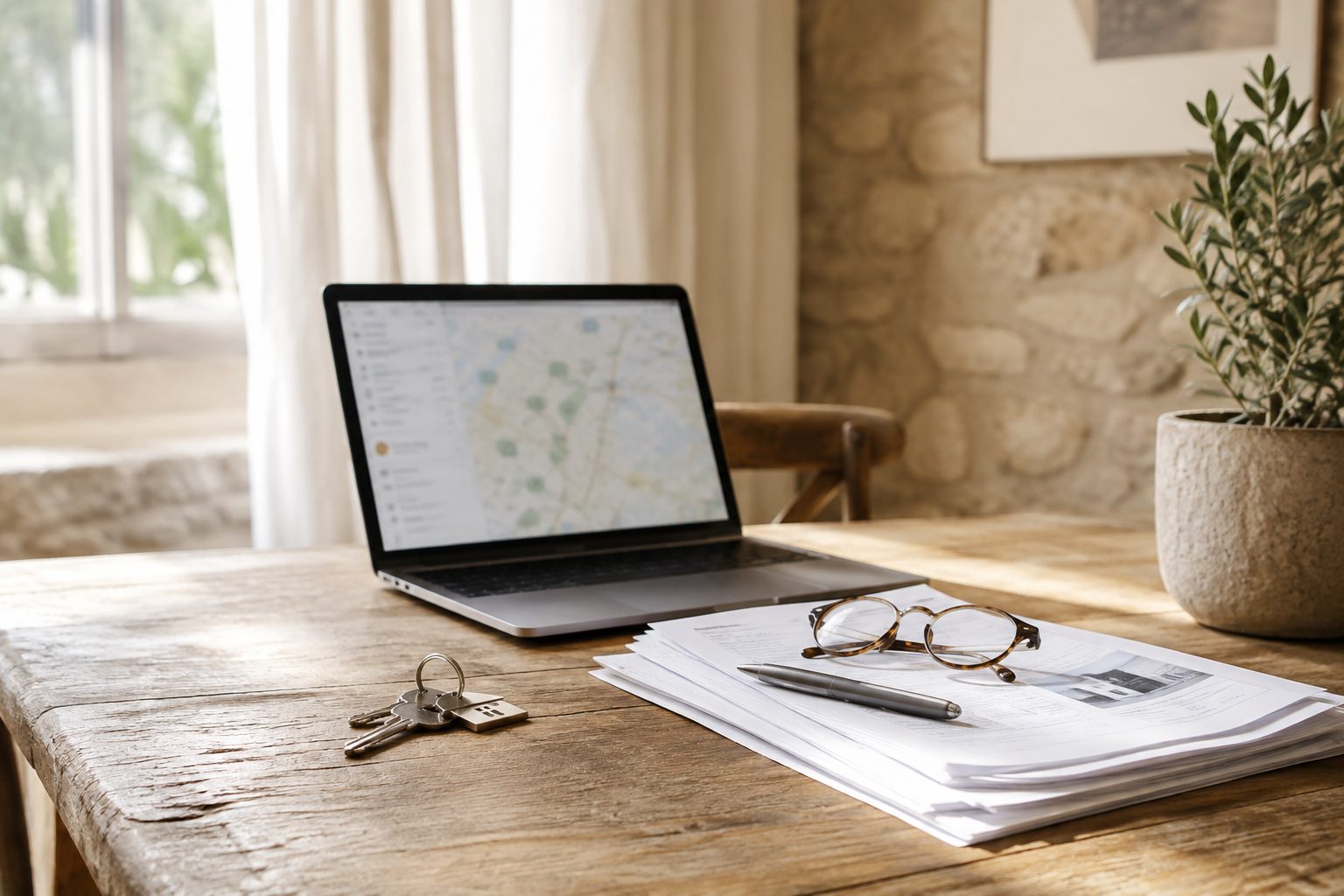 Dossier de vente immobilière et ordinateur portable posés sur une table en bois, pour remplir l'état des risques