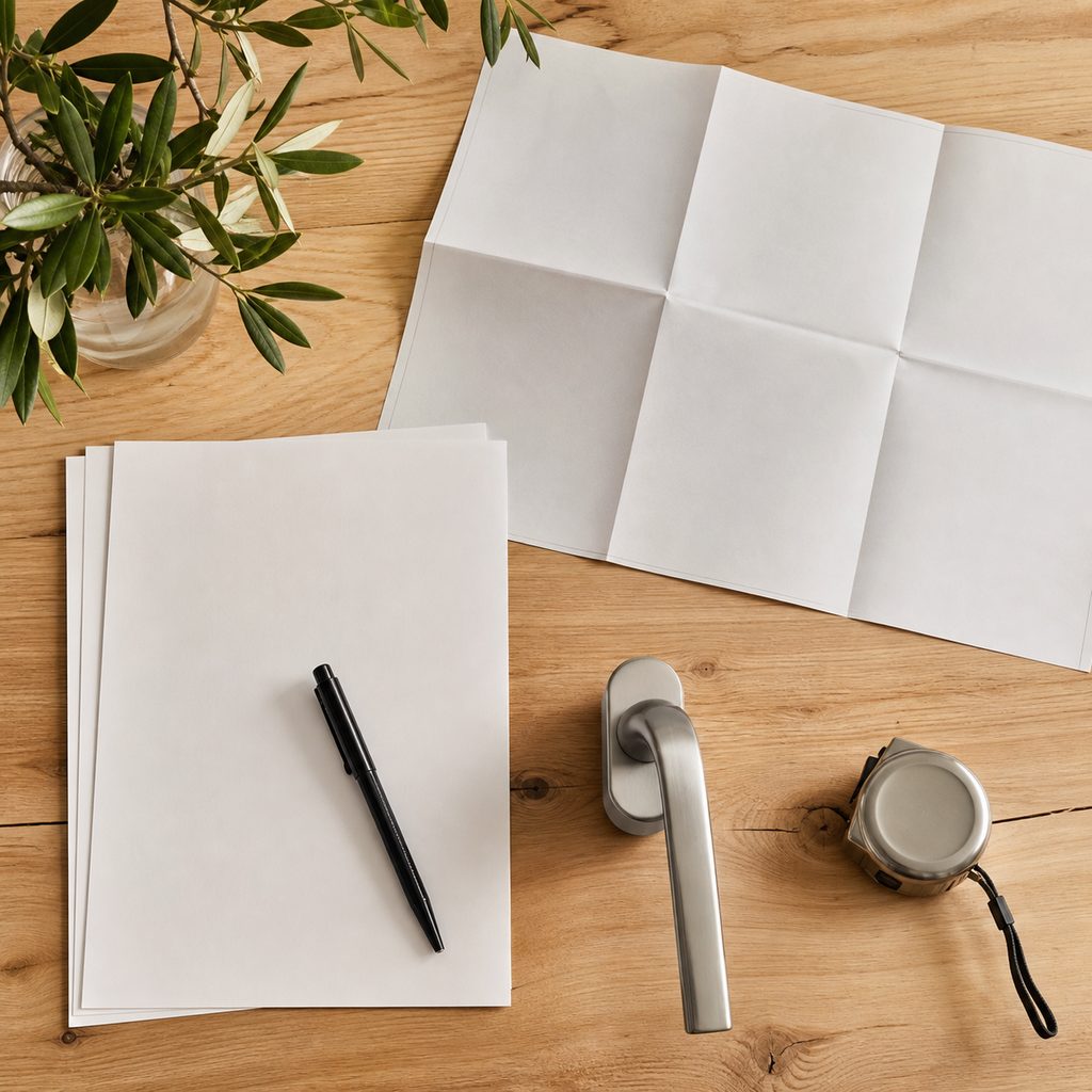 Dossier de déclaration préalable de travaux préparé sur une table avec plan et échantillon de poignée de fenêtre