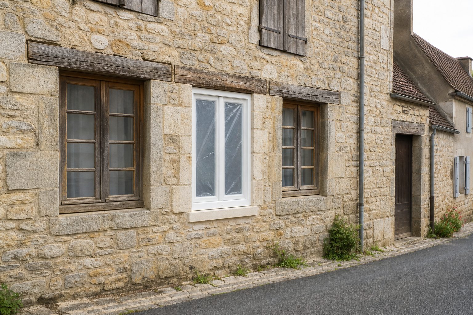 Façade de maison de village avec une fenêtre neuve fraîchement posée à côté d'anciennes menuiseries bois