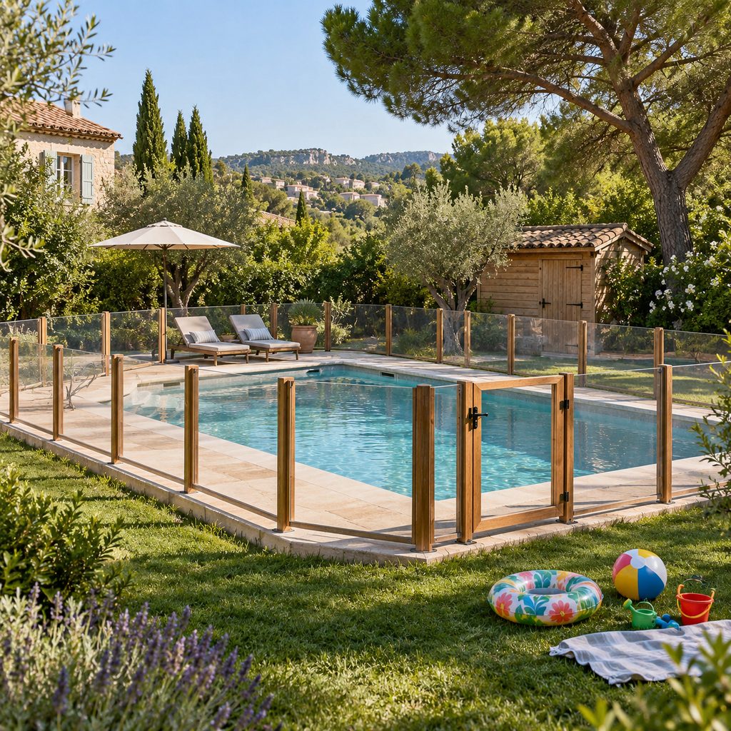 Barrière de sécurité avec portillon fermé autour d'une piscine enterrée dans un jardin familial