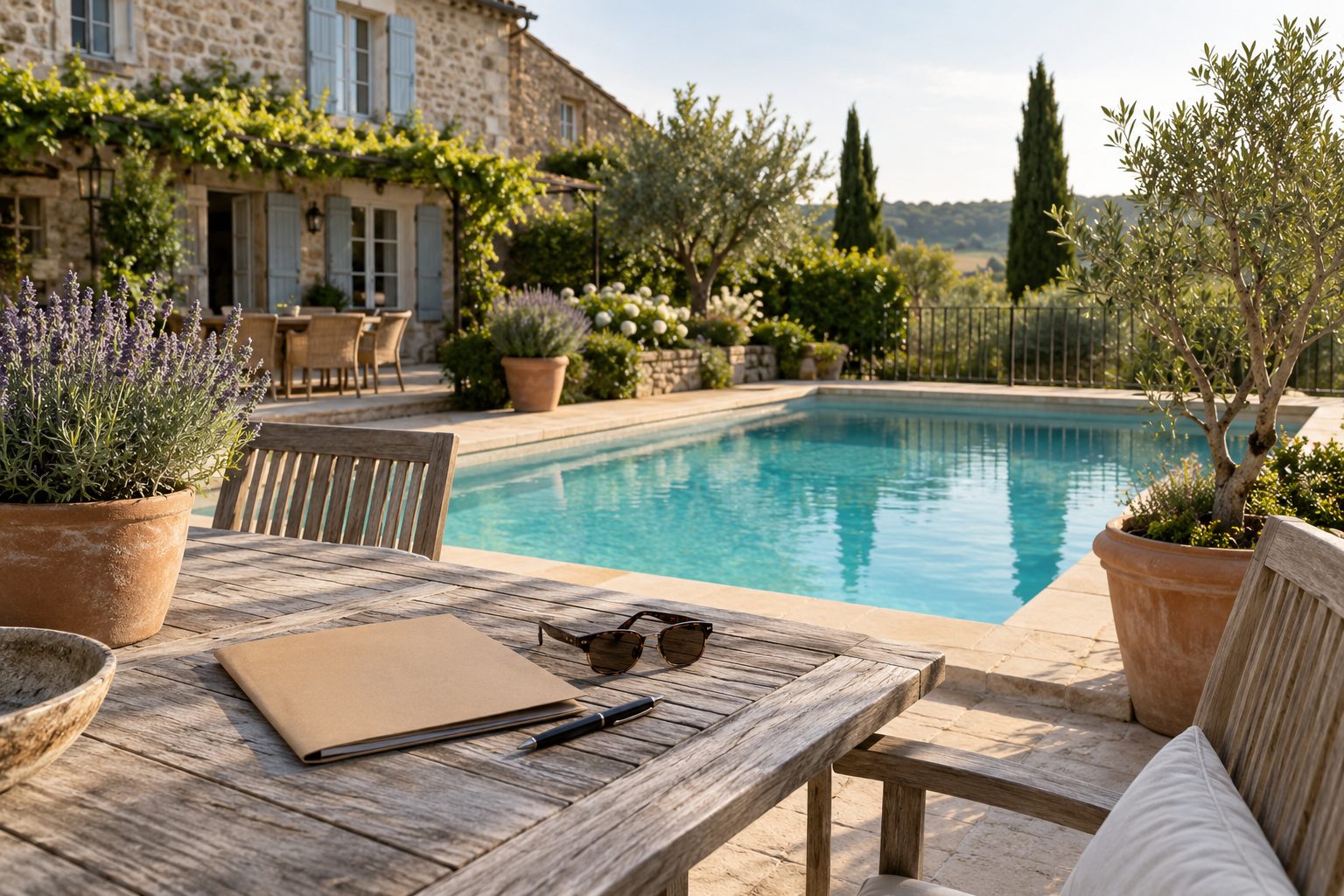Piscine enterrée dans le jardin d'une maison en pierre, avec un dossier d'assurance posé sur une table de jardin
