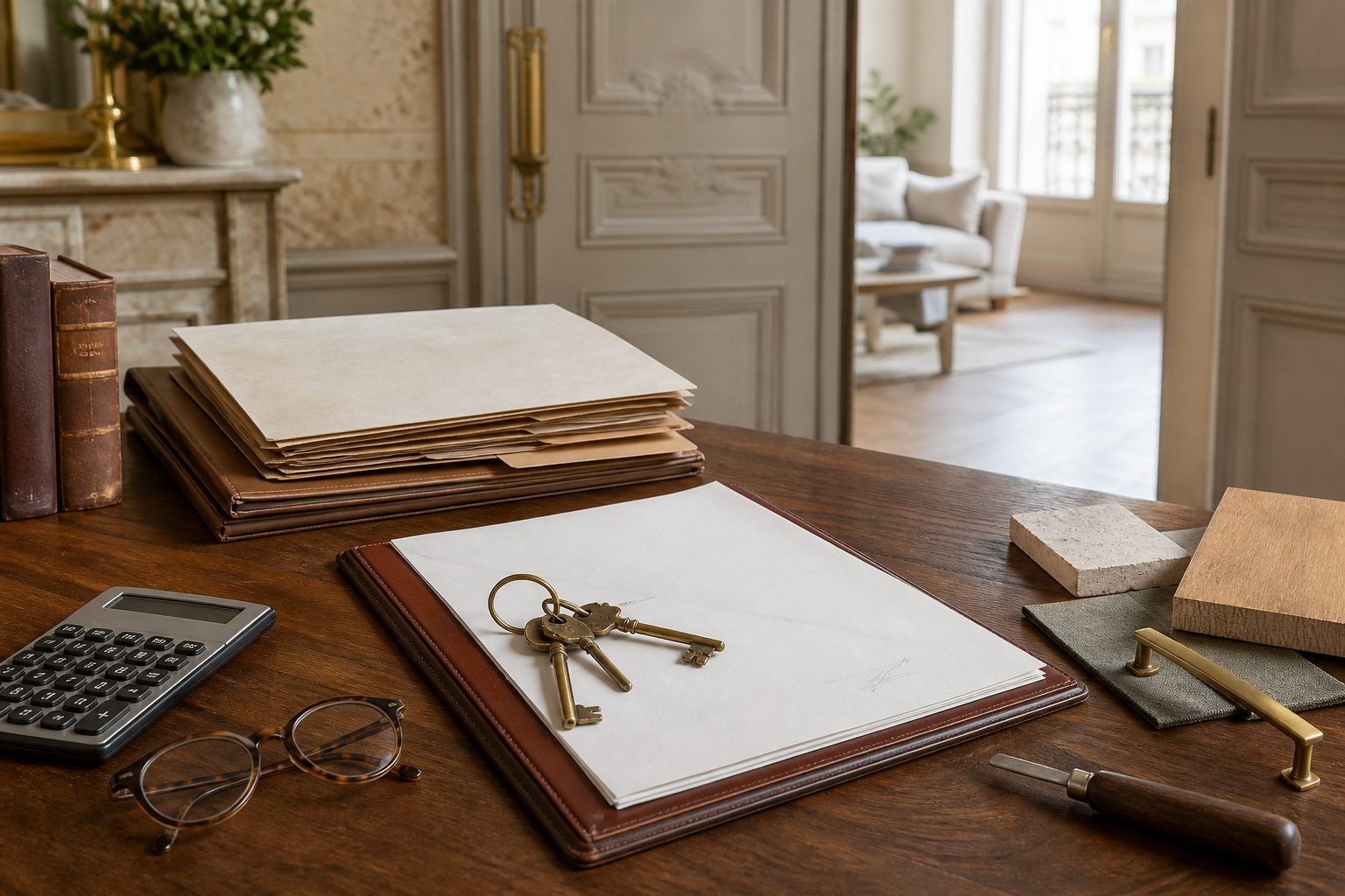 Dossier de vente immobilière, trousseau de clés et calculatrice posés sur un bureau en bois