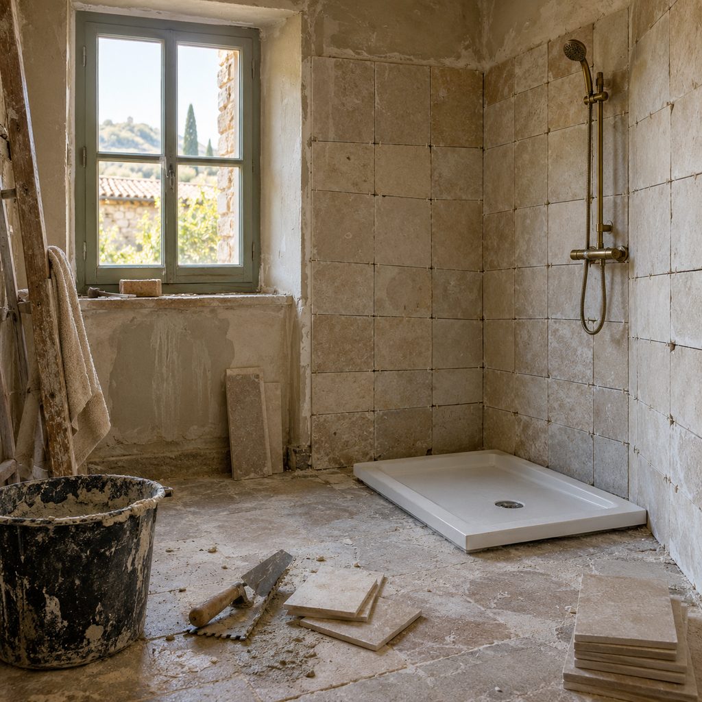 Salle de bains en rénovation laissée inachevée, carrelage mal aligné et outils abandonnés au sol