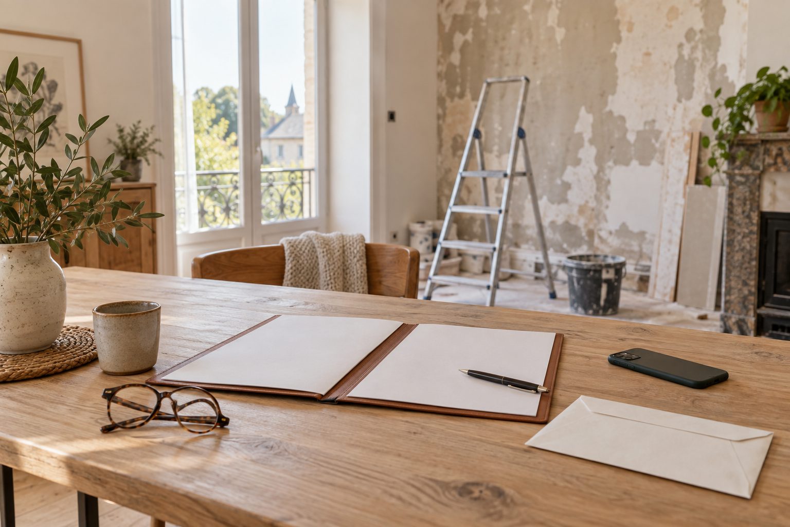 Contrat d'assurance ouvert, lettre recommandée et stylo sur une table de cuisine, chantier de rénovation en arrière-plan
