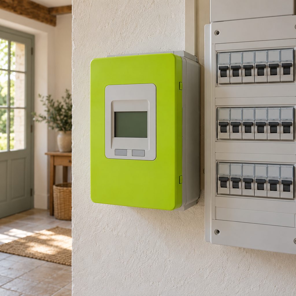 Compteur Linky vert fixé au mur d'une entrée, à côté du tableau électrique de la maison