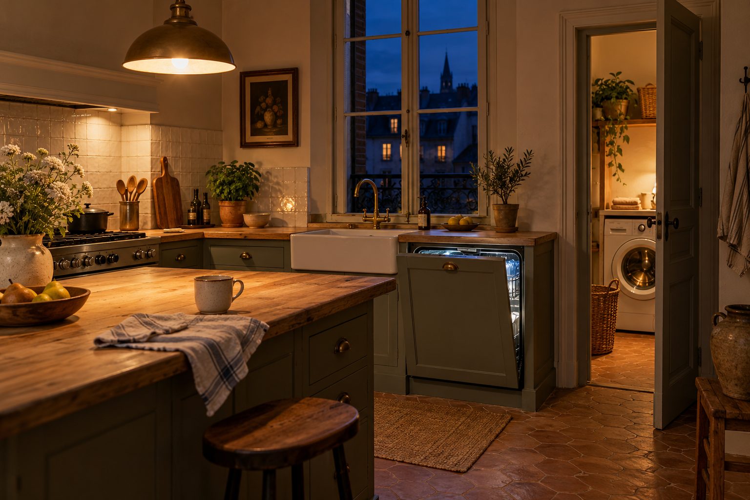 Cuisine française le soir, lave-vaisselle et lave-linge en marche sous une lumière tamisée