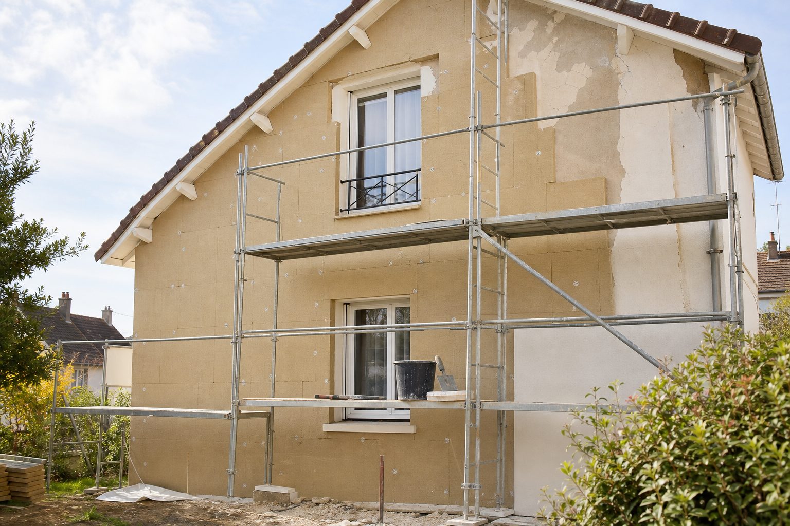 Façade d'une maison en cours d'isolation par l'extérieur, échafaudage et panneaux isolants apparents