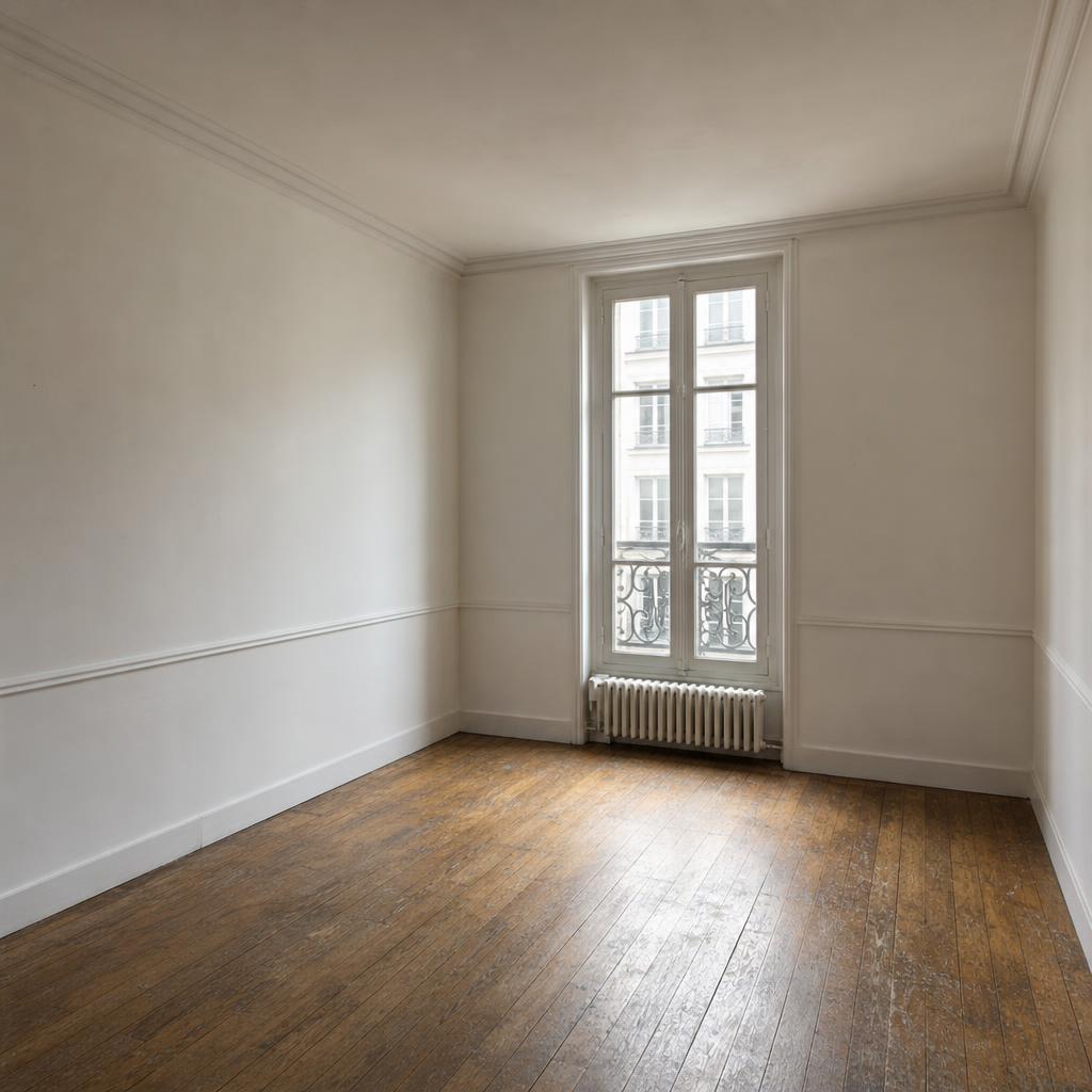 Séjour vide d'un appartement ancien avec parquet et fenêtre lumineuse