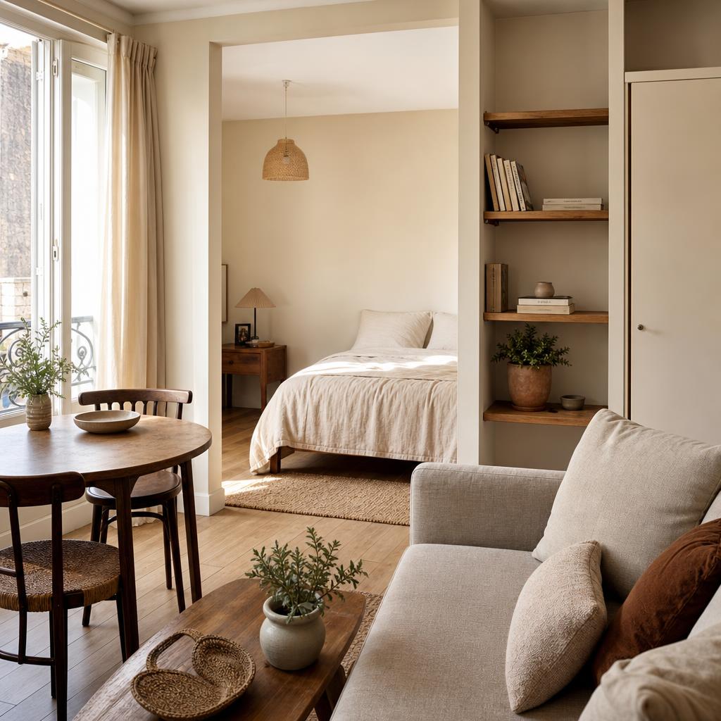 Petit studio meublé avec canapé, table en bois et lumière naturelle