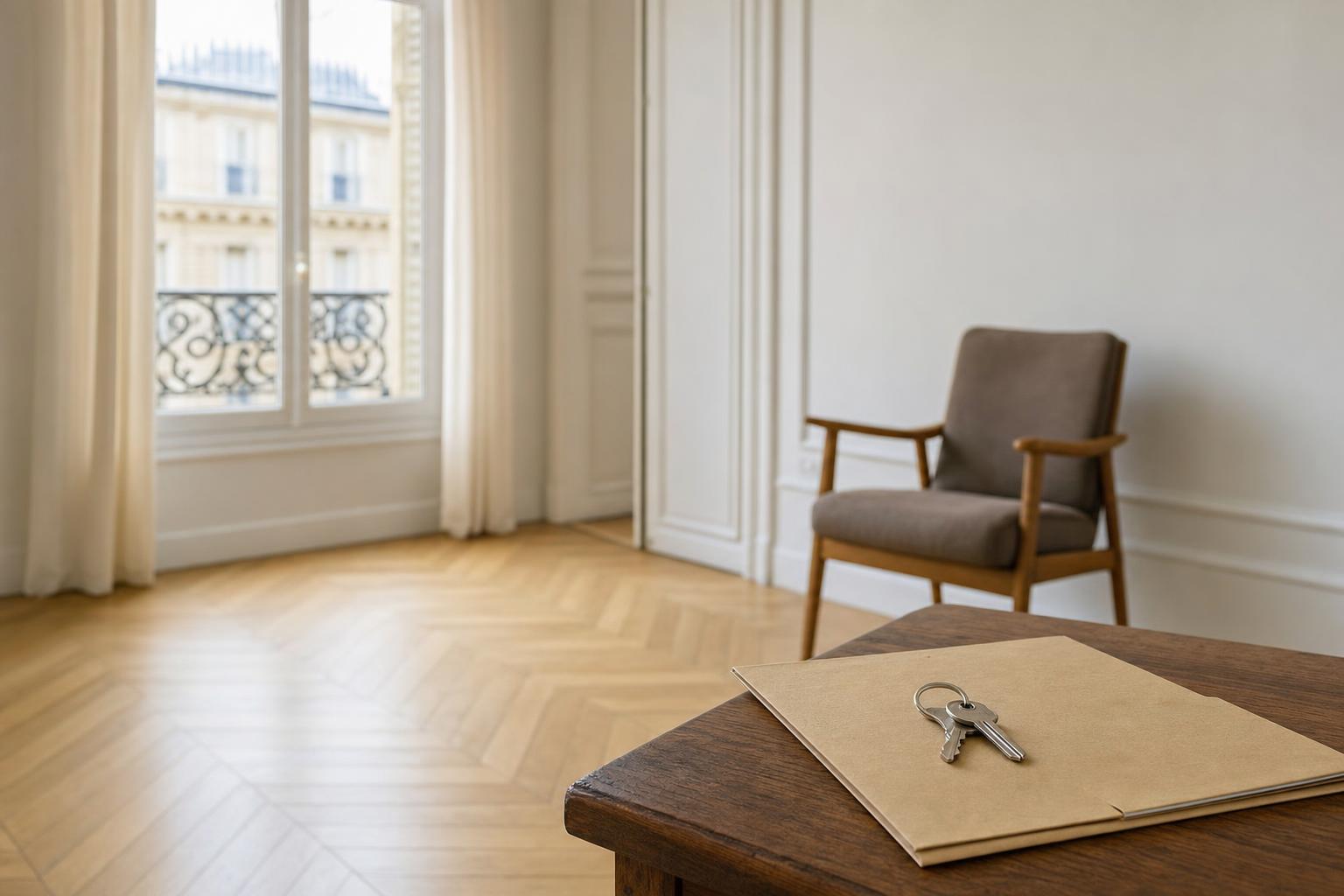 Trousseau de clés et dossier de location posés sur une table dans un appartement lumineux