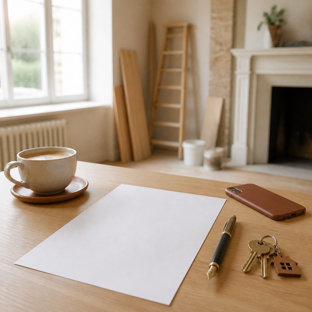 Offre d'achat imprimée posée sur une table, à côté d'un stylo et d'un trousseau de clés