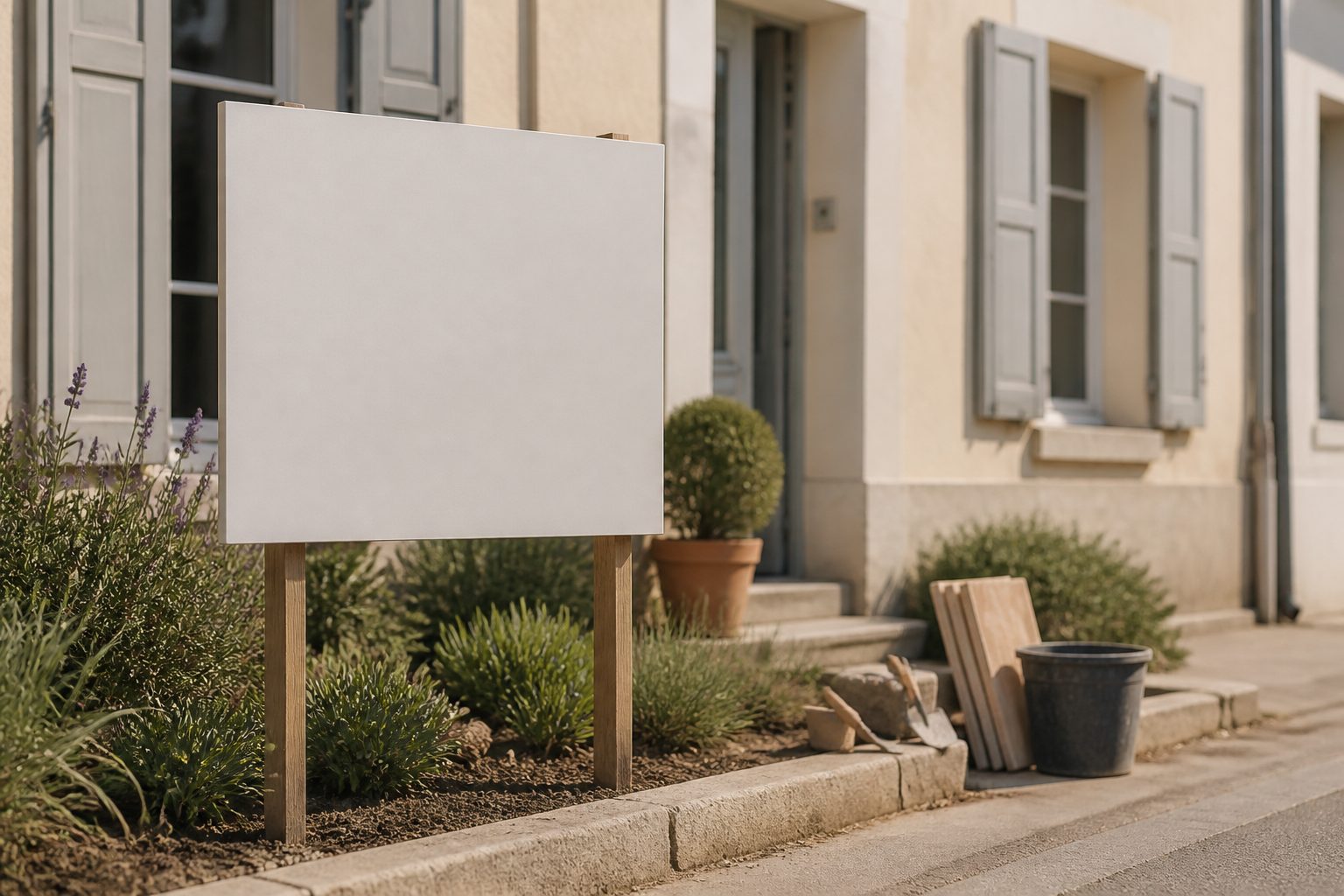 Panneau « à vendre » devant une maison de ville française, un matin ensoleillé