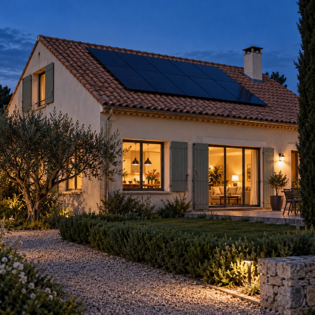 Maison équipée de panneaux solaires à la tombée de la nuit, fenêtres éclairées, au moment où la batterie prend le relais