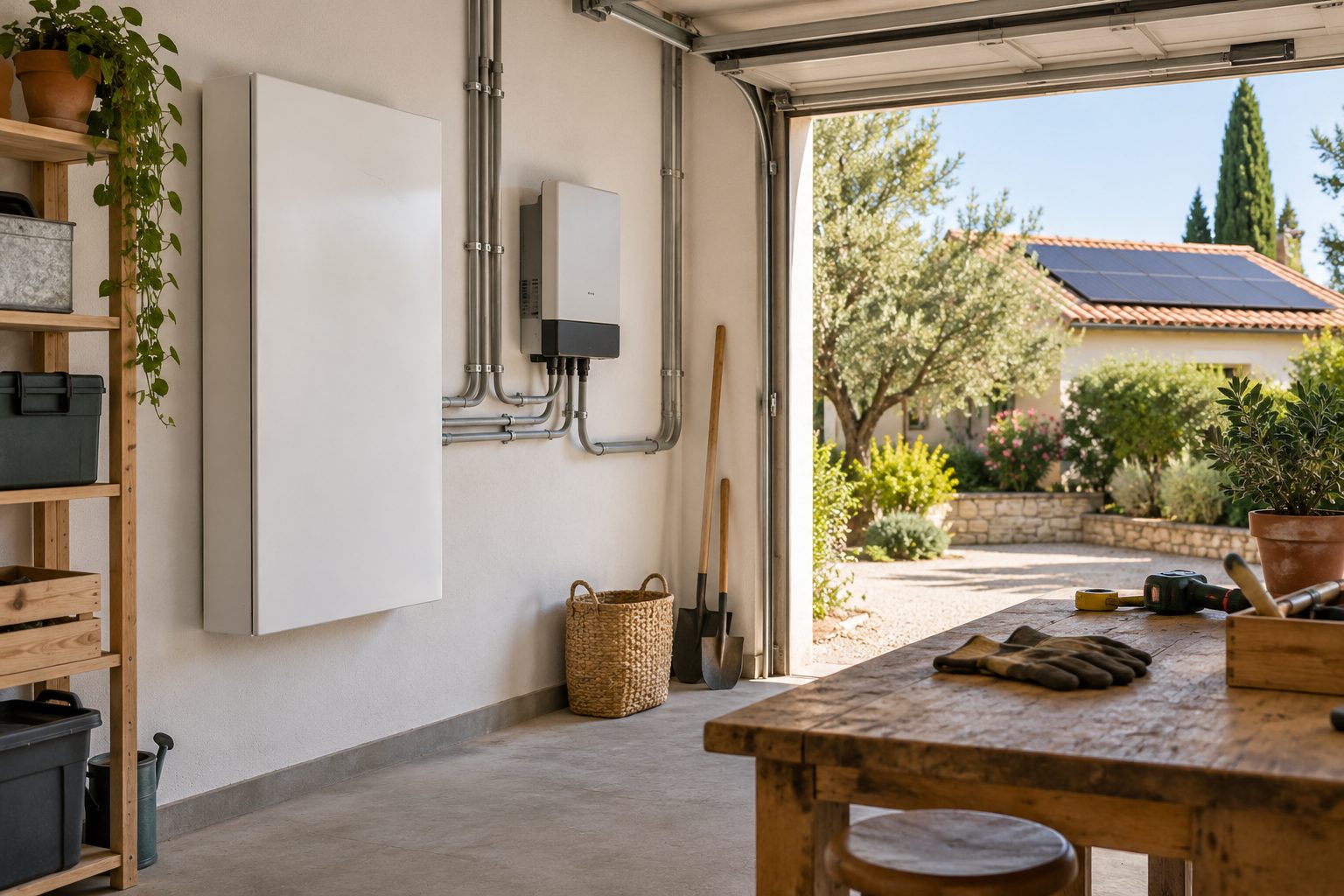 Batterie domestique murale installée dans un garage à côté de l'onduleur des panneaux solaires