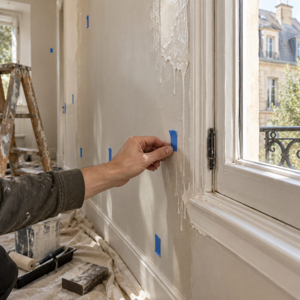 Main posant des repères de ruban adhésif sur les défauts d'un mur fraîchement repeint avant la réception des travaux
