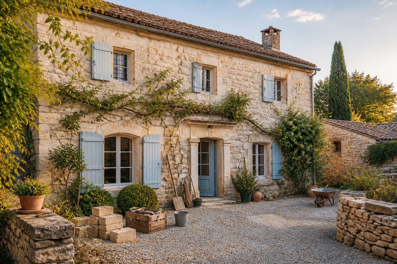 Maison secondaire en pierre avec volets, symbole d'un bien détenu de longue date avant revente