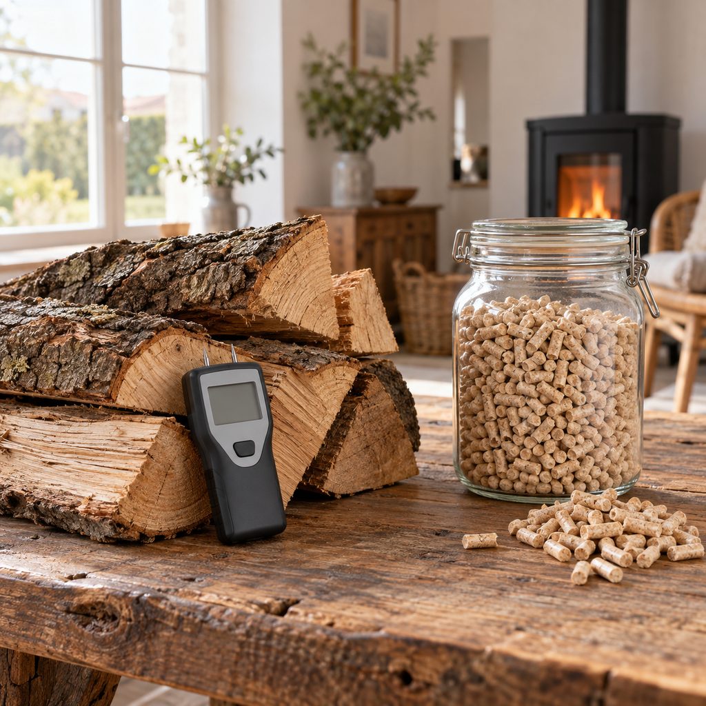 Bûches de chêne sèches d'un côté, granulés de bois de l'autre, posés sur une table en bois