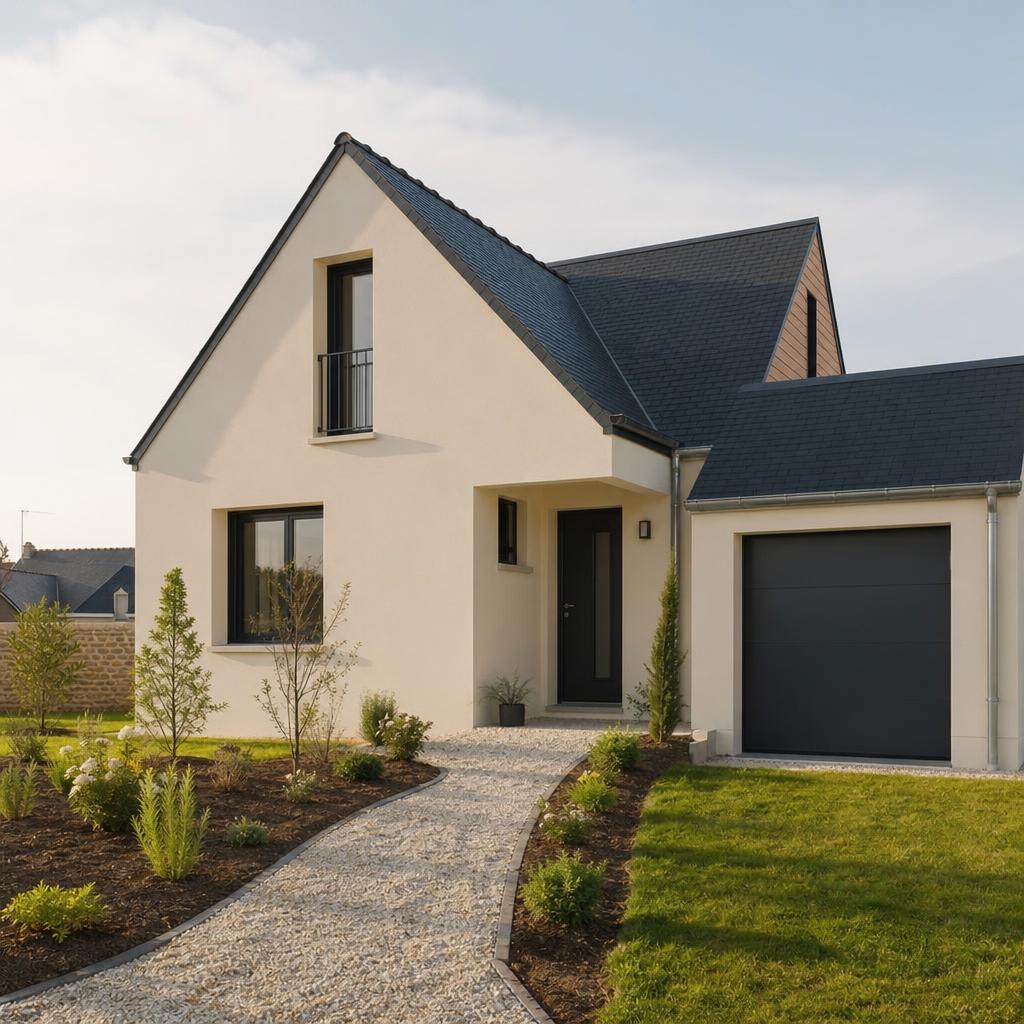 Maison individuelle neuve à l'enduit clair avec petit jardin devant