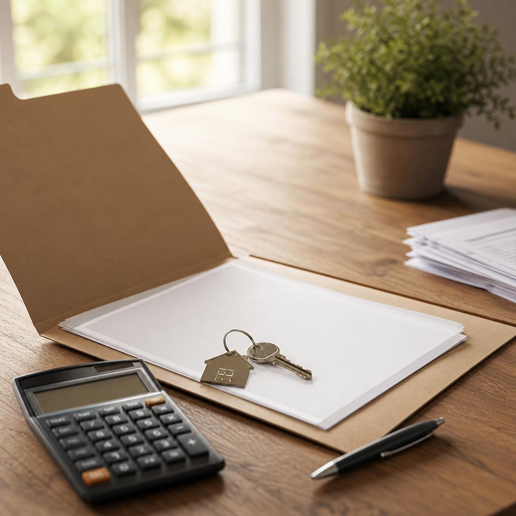 Dossier de demande de prêt immobilier sur un bureau en bois avec calculatrice et clés