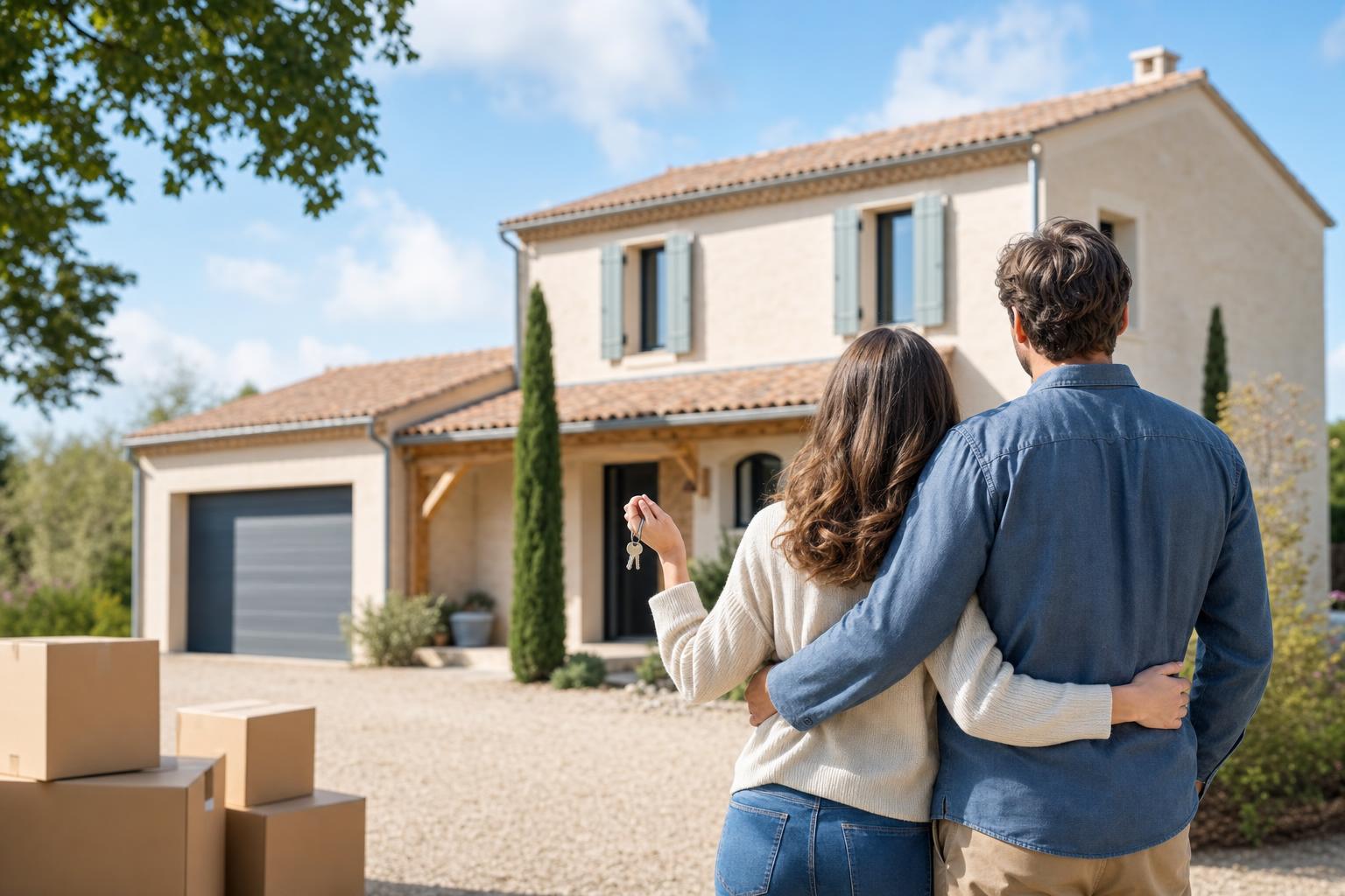 Couple devant une maison neuve, clés à la main, lors d'une remise de logement