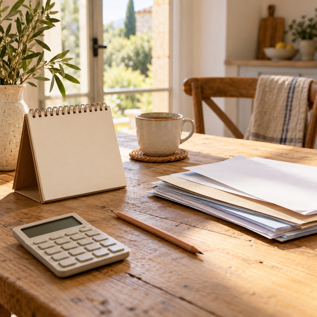 Calendrier, calculatrice et documents bancaires posés sur une table de cuisine