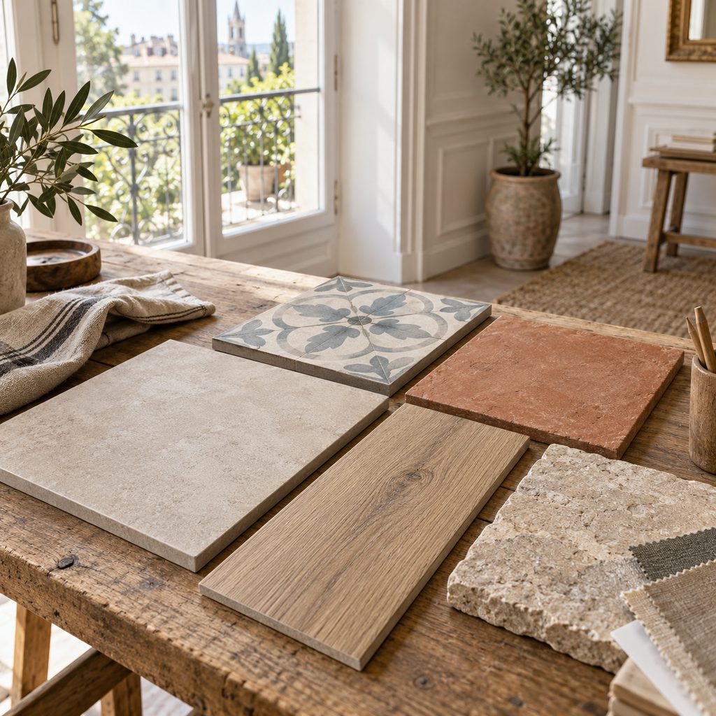 Échantillons de carrelage de sol : grès cérame, imitation bois, carreau de ciment, terre cuite et pierre