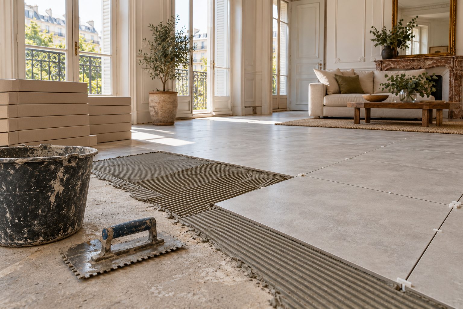 Carreaux de grès cérame en cours de pose sur le sol d'un séjour lumineux