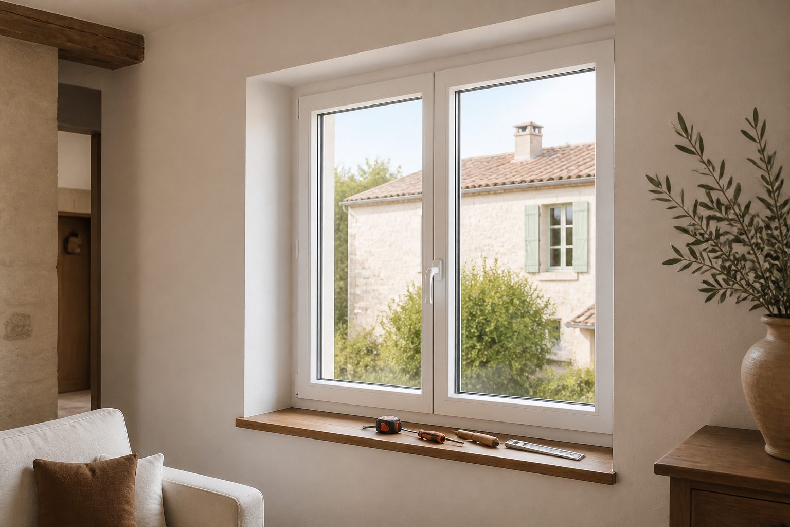 Fenêtre double vitrage neuve posée dans le mur d'une maison lumineuse