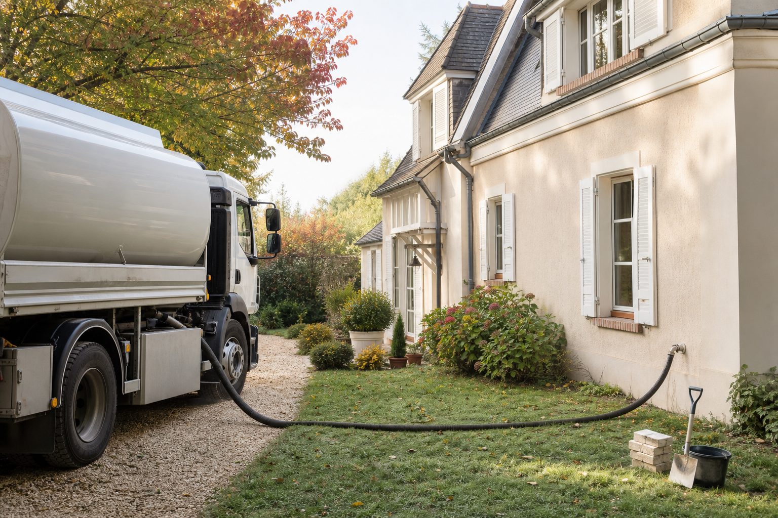 Camion-citerne livrant du fioul domestique devant une maison individuelle