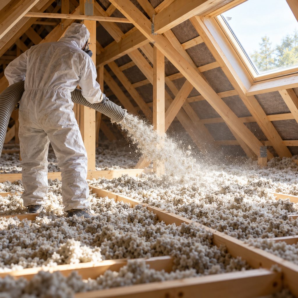 Artisan soufflant de la laine minérale en vrac sur le plancher de combles perdus