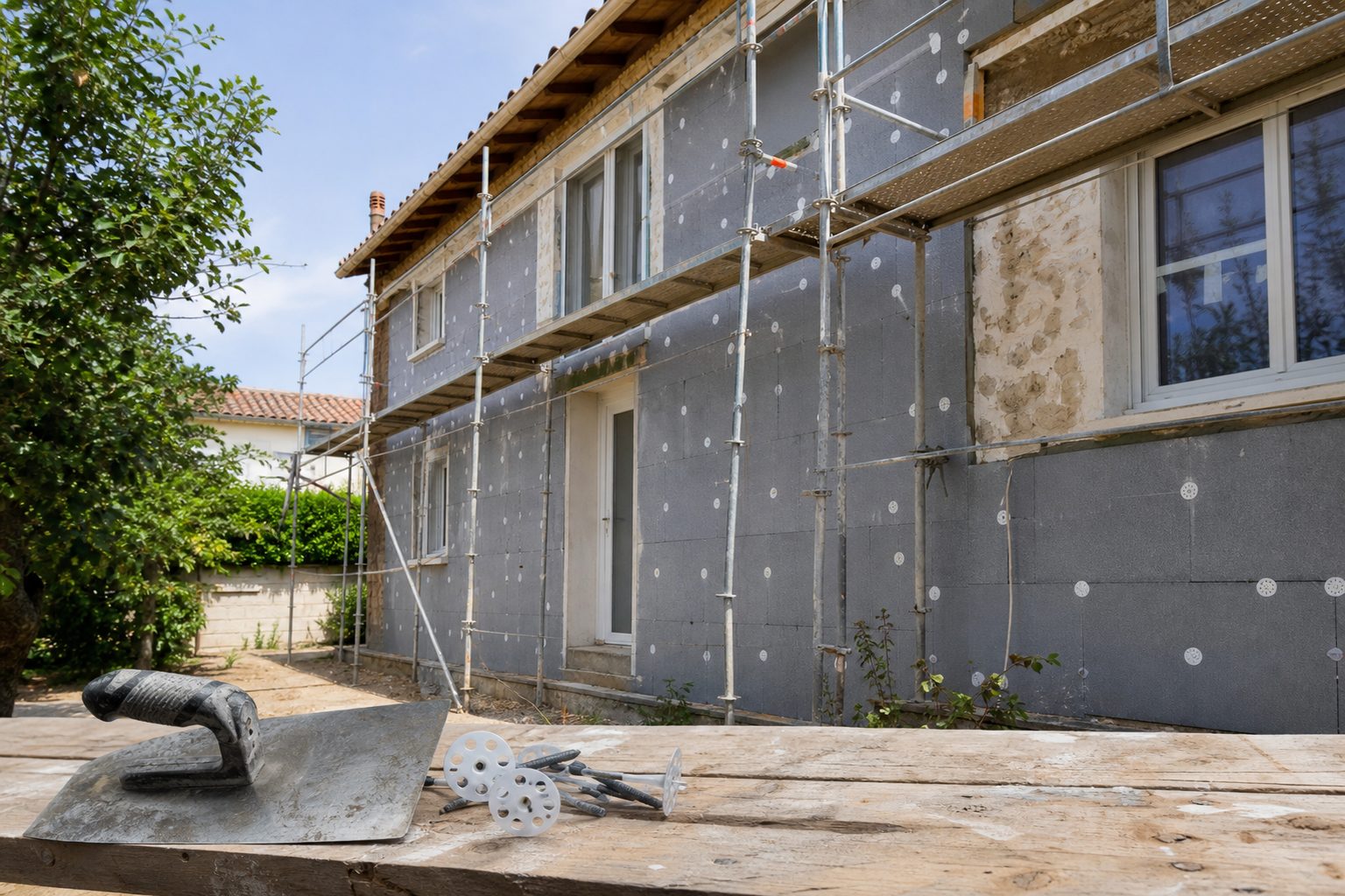 Façade de maison en cours d'isolation par l'extérieur avec panneaux isolants et échafaudage