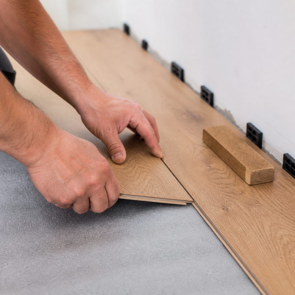 Clipsage d'une lame de parquet flottant sur la sous-couche