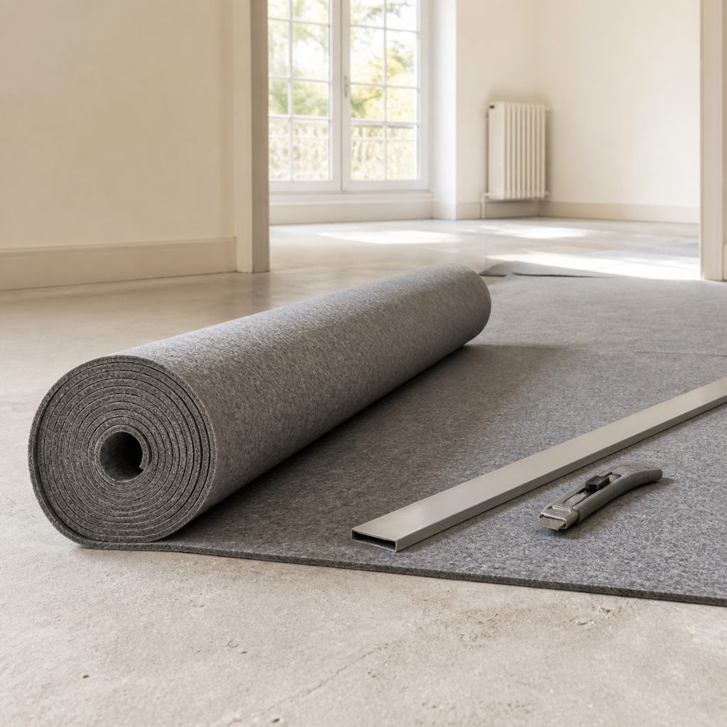 Sous-couche déroulée sur une dalle béton avant la pose du parquet
