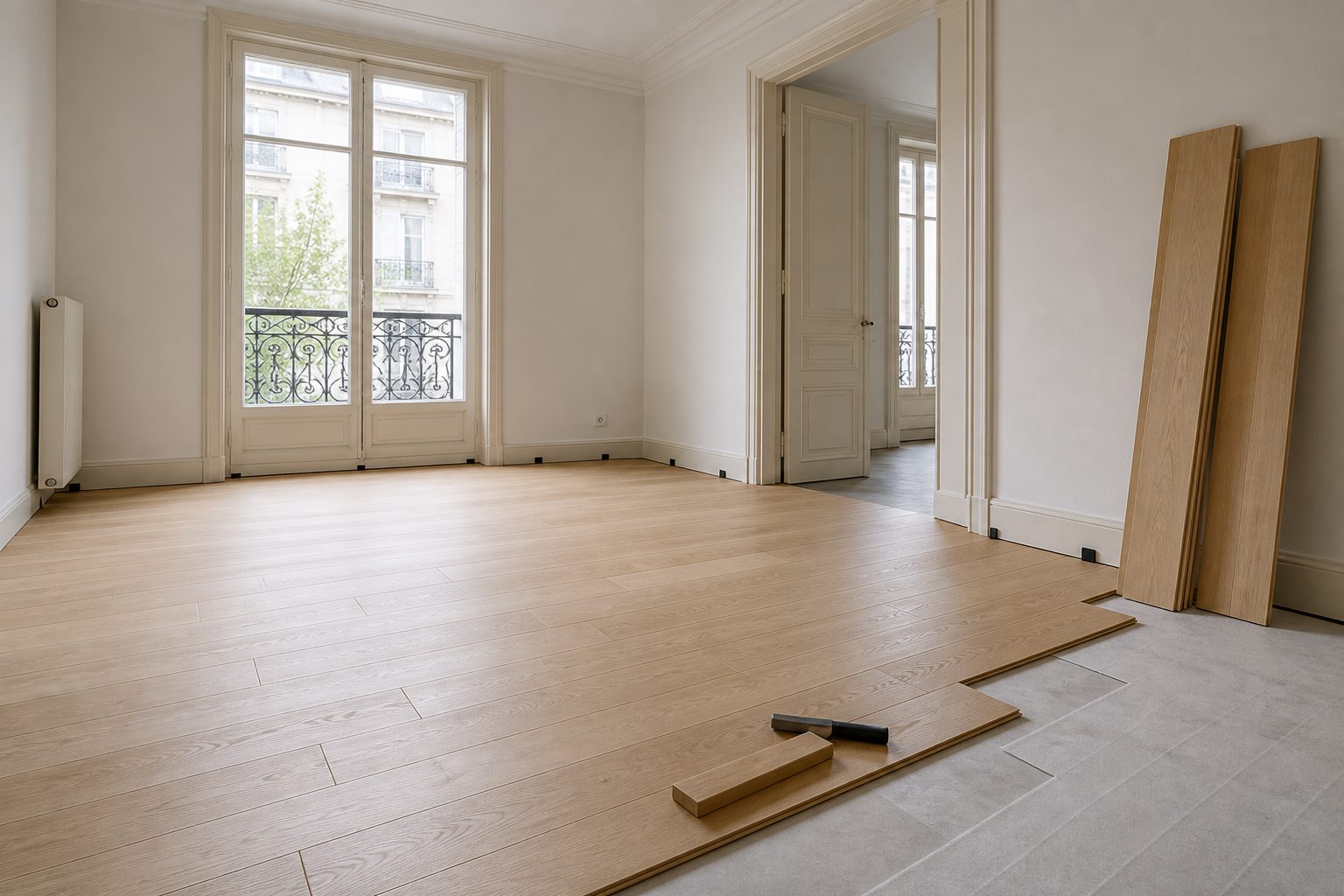 Lames de parquet flottant en cours de pose dans une pièce lumineuse