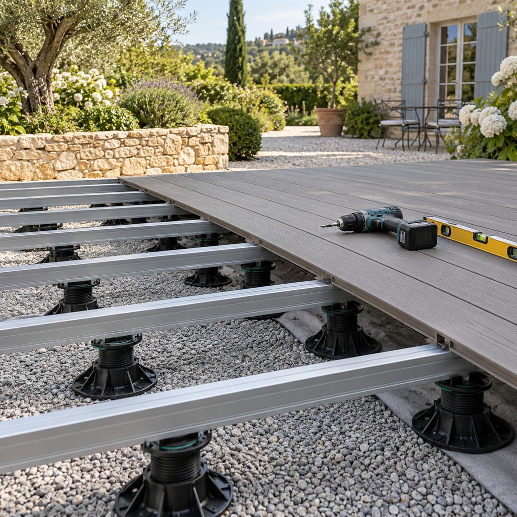 Structure de terrasse composite : lambourdes en aluminium posées sur plots réglables