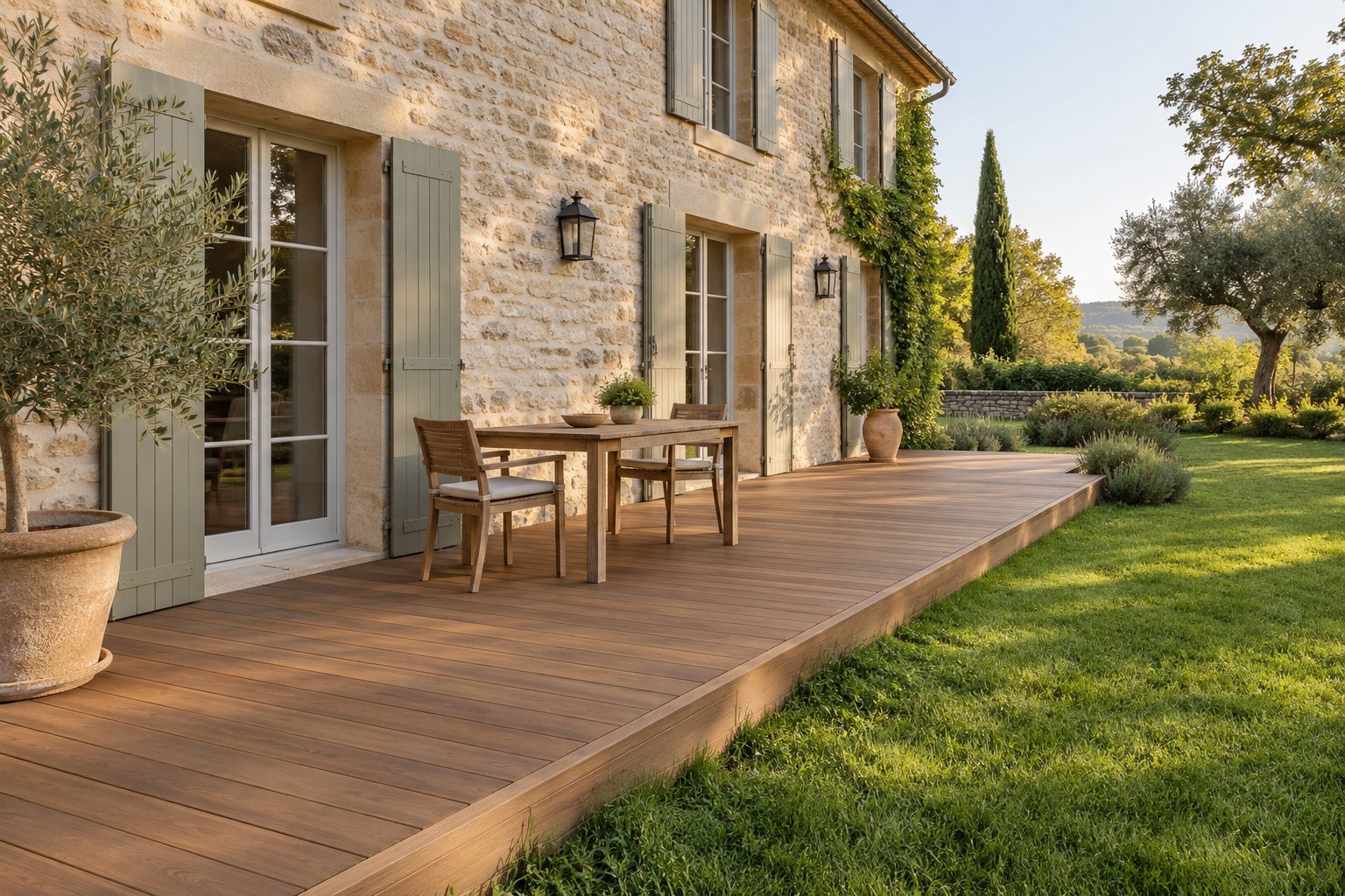 Terrasse en lames de bois composite posée devant une maison avec jardin